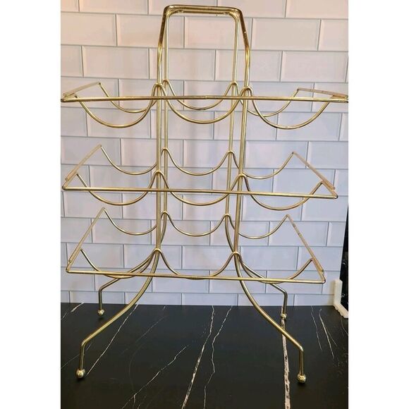 Vintage Gold Brass Wine Rack 9 Bottle Liquor Holder Bar Caddy w Handle MCM Retro - Picture 11 of 12